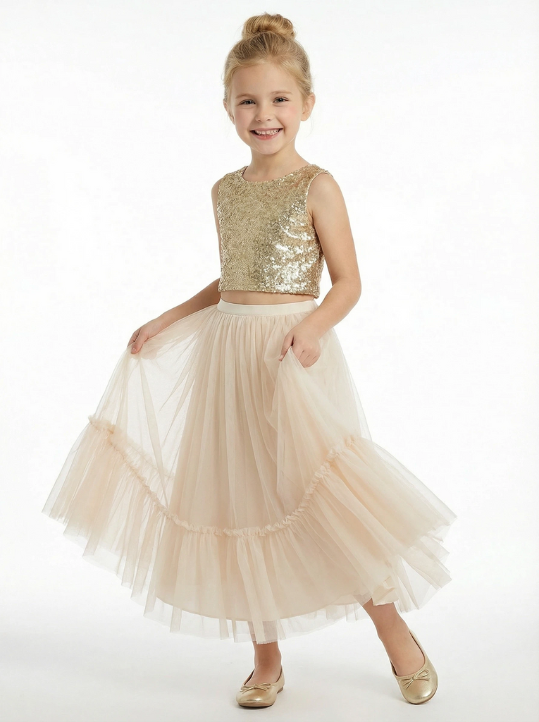 Two Piece Sequin Junior Bridesmaid Dress Tulle Skirt Ruffle Hem Sleeveless  Sparkle