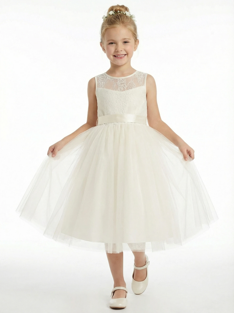 Cute Flowery Dress Lace Girls Wedding Party Dress A-Line Tulle Ball Gowns Sleeveless