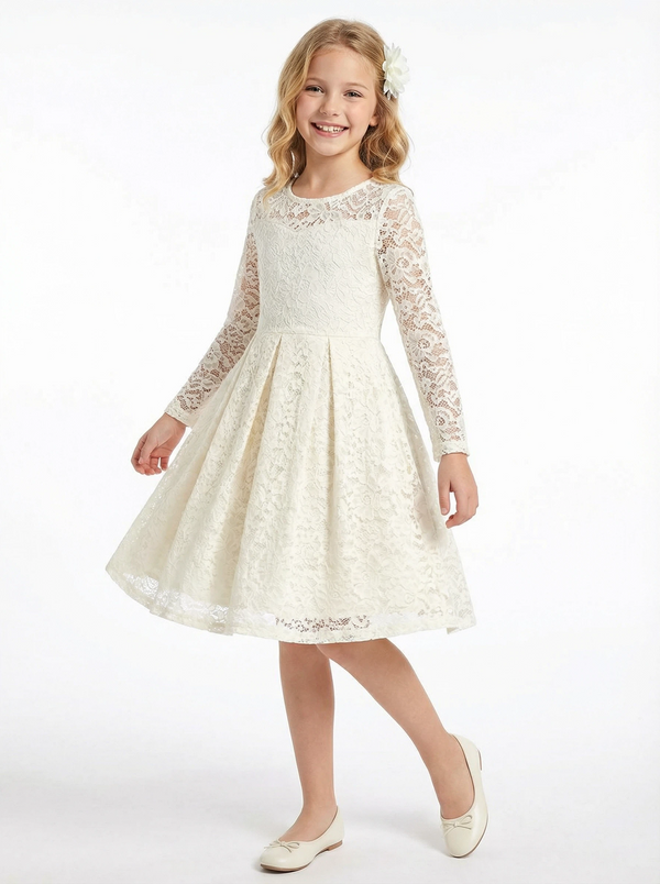 Lace Applique Bridesmaid Dress Skirt Long Sleeve Round Neck Modest Knee Length Elegant