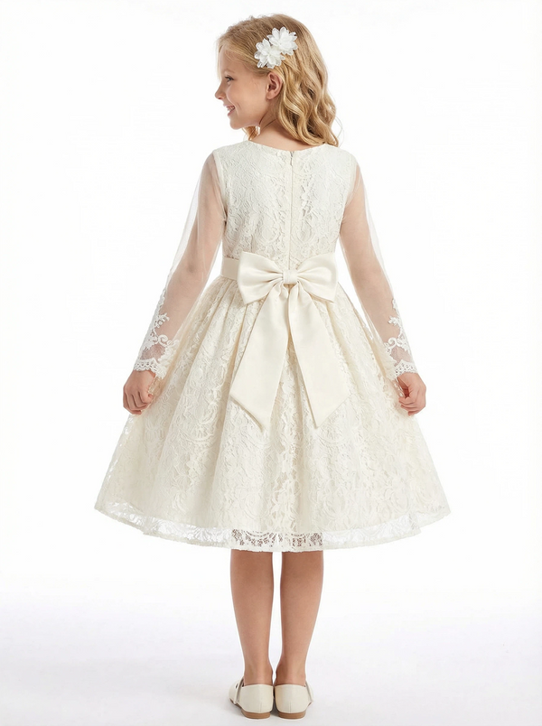 Lace Applique Bridesmaid Dress Skirt Long Sleeve Round Neck Modest Knee Length Elegant