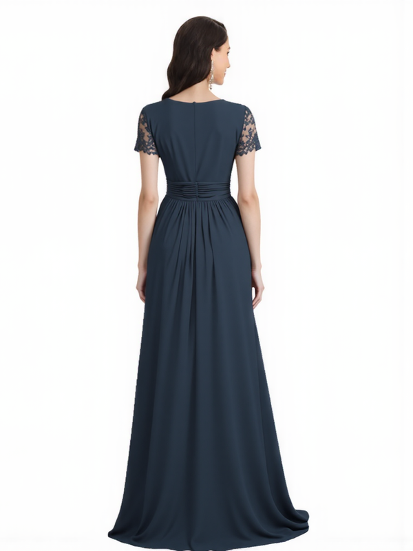 Elegant Chiffon A-Line Short Sleeves V-Neck Side Slit Lace Long Mother Of The Bride Dresses
