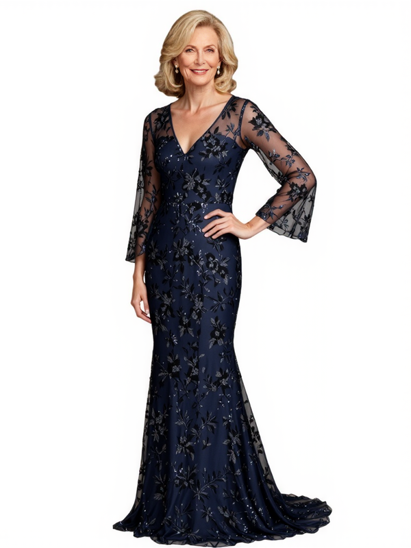 Elegant V-Neck Long Sleeves Lace Mermaid Long Mother Of The Bride and Groom Dresses