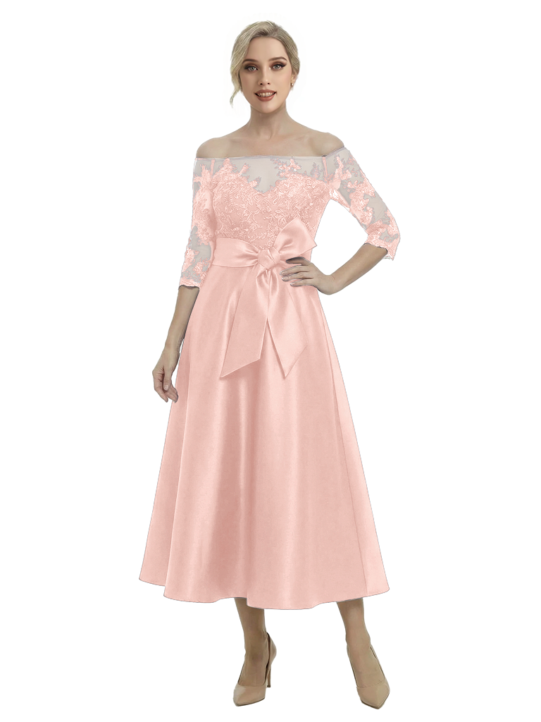 Unique Off Shoulder Tea-Length Satin Mother Of The Bride Dress With Lace Illusion