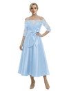 Unique Off Shoulder Tea-Length Satin Mother Of The Bride Dress With Lace Illusion