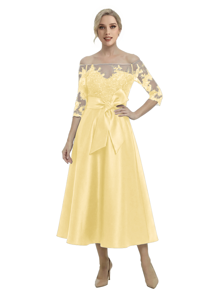 Unique Off Shoulder Tea-Length Satin Mother Of The Bride Dress With Lace Illusion