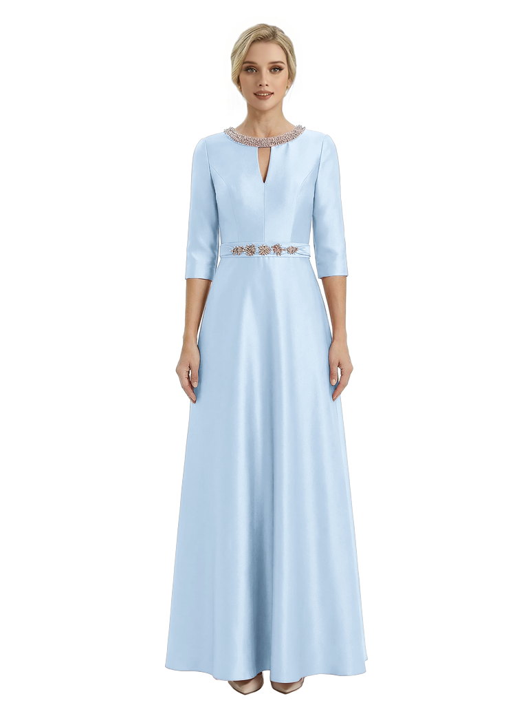 Sophisticated 3/4 Sleeves Beaded A-Line Satin Mother Of The Bride Dress