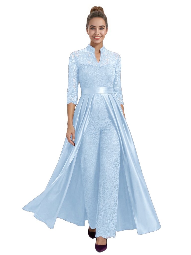 Mother of The Groom Outfit V-Neck 3/4 Sleeve Lace Pantsuit Satin Overskirt