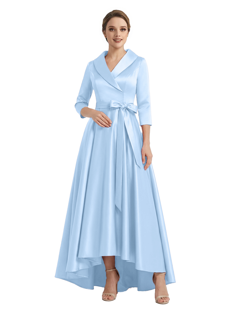 Modern High-Low 3/4 Sleeves Satin Mother Of The Bride Dress With Bow Knot