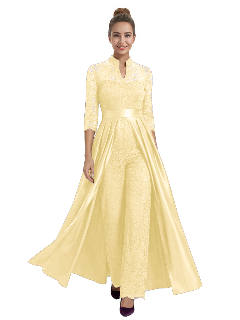 Mother of The Groom Outfit V-Neck 3/4 Sleeve Lace Pantsuit Satin Overskirt