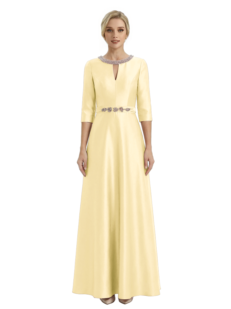 Sophisticated 3/4 Sleeves Beaded A-Line Satin Mother Of The Bride Dress
