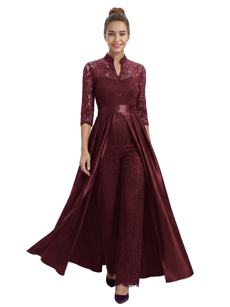Mother of The Groom Outfit V-Neck 3/4 Sleeve Lace Pantsuit Satin Overskirt