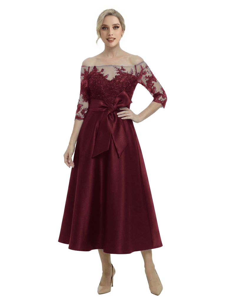 Unique Off Shoulder Tea-Length Satin Mother Of The Bride Dress With Lace Illusion