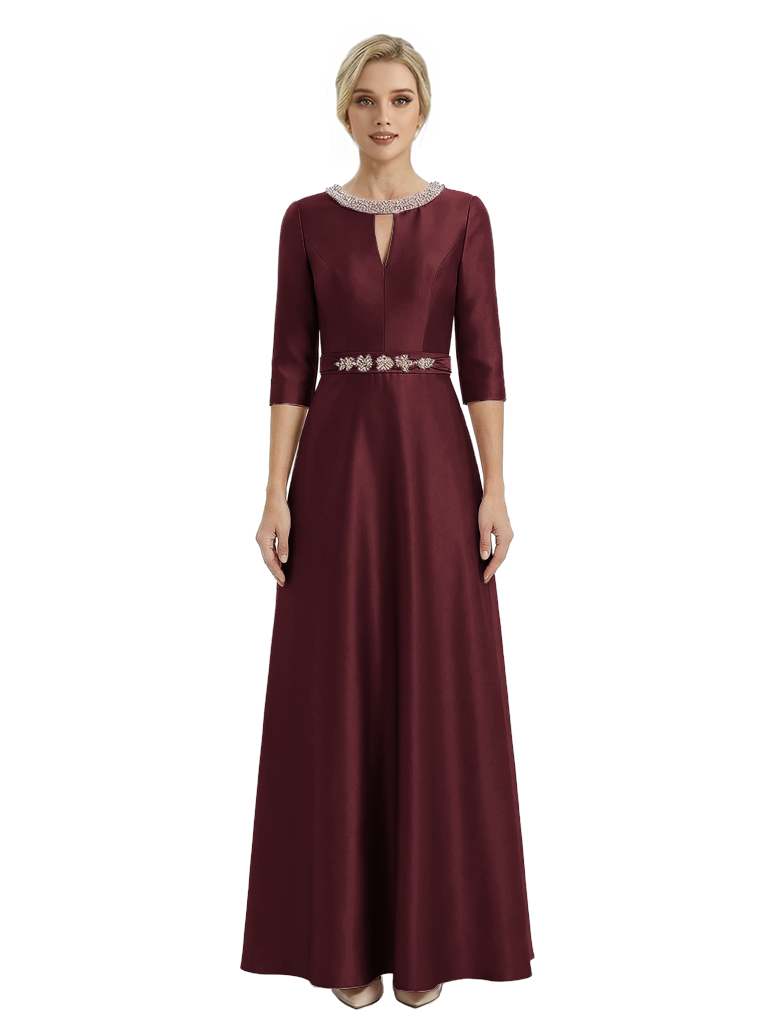 Sophisticated 3/4 Sleeves Beaded A-Line Satin Mother Of The Bride Dress