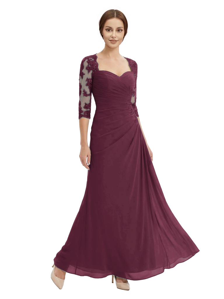 Sweetheart Ruched Lace 3/4 Sleeves A-Line Chiffon Mother Of The Groom Dress