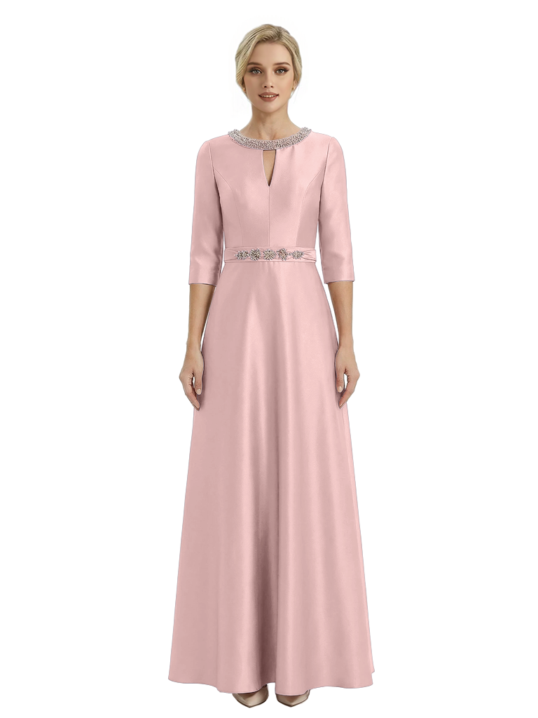 Sophisticated 3/4 Sleeves Beaded A-Line Satin Mother Of The Bride Dress