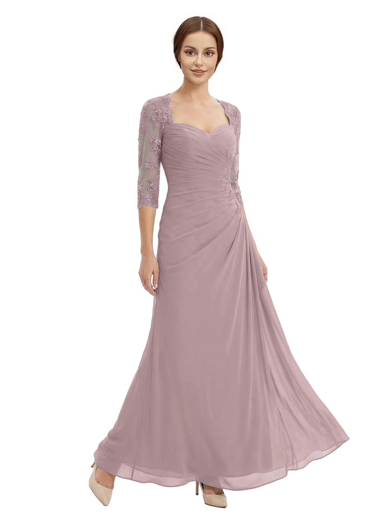 Sweetheart Ruched Lace 3/4 Sleeves A-Line Chiffon Mother Of The Groom Dress