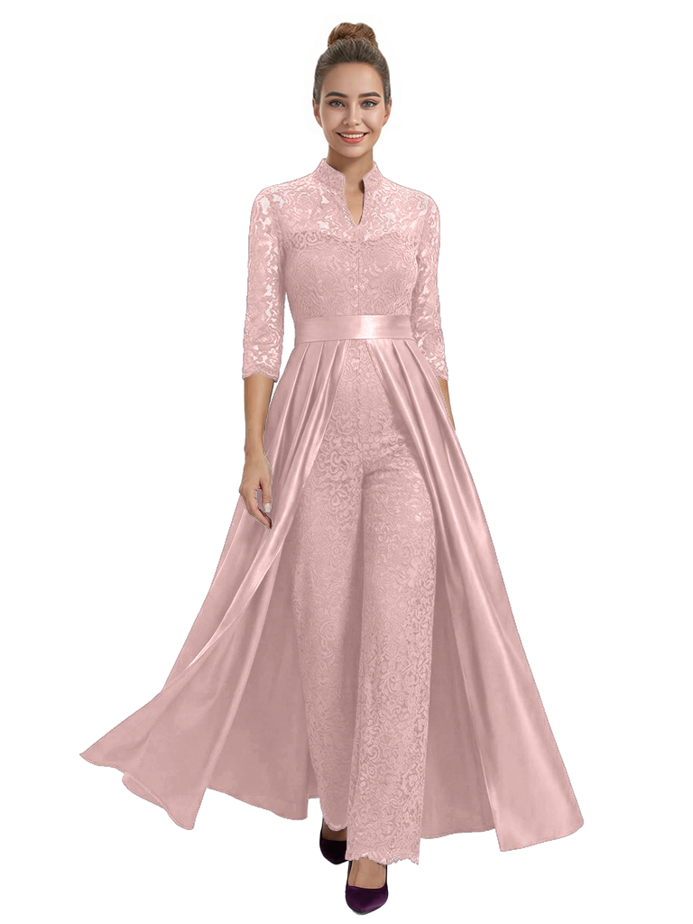 Mother of The Groom Outfit V-Neck 3/4 Sleeve Lace Pantsuit Satin Overskirt