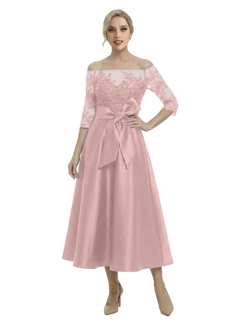 Unique Off Shoulder Tea-Length Satin Mother Of The Bride Dress With Lace Illusion