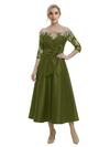 Unique Off Shoulder Tea-Length Satin Mother Of The Bride Dress With Lace Illusion