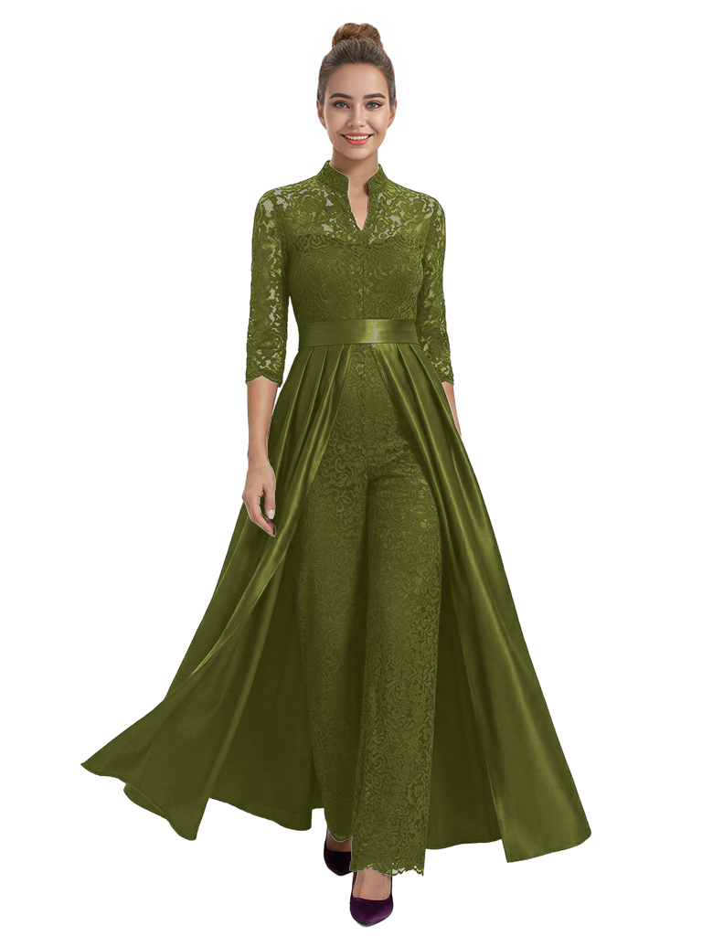 Mother of The Groom Outfit V-Neck 3/4 Sleeve Lace Pantsuit Satin Overskirt