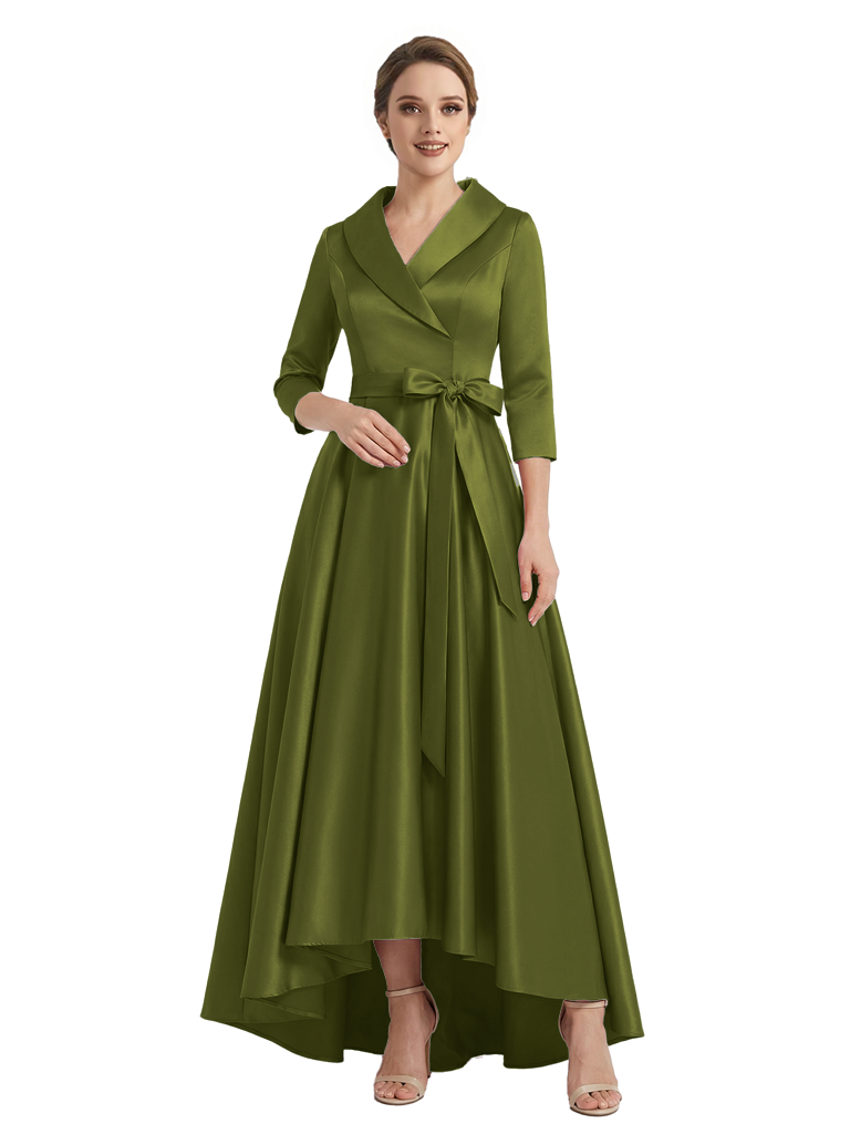 Modern High-Low 3/4 Sleeves Satin Mother Of The Bride Dress With Bow Knot
