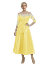 Unique Off Shoulder Tea-Length Satin Mother Of The Bride Dress With Lace Illusion