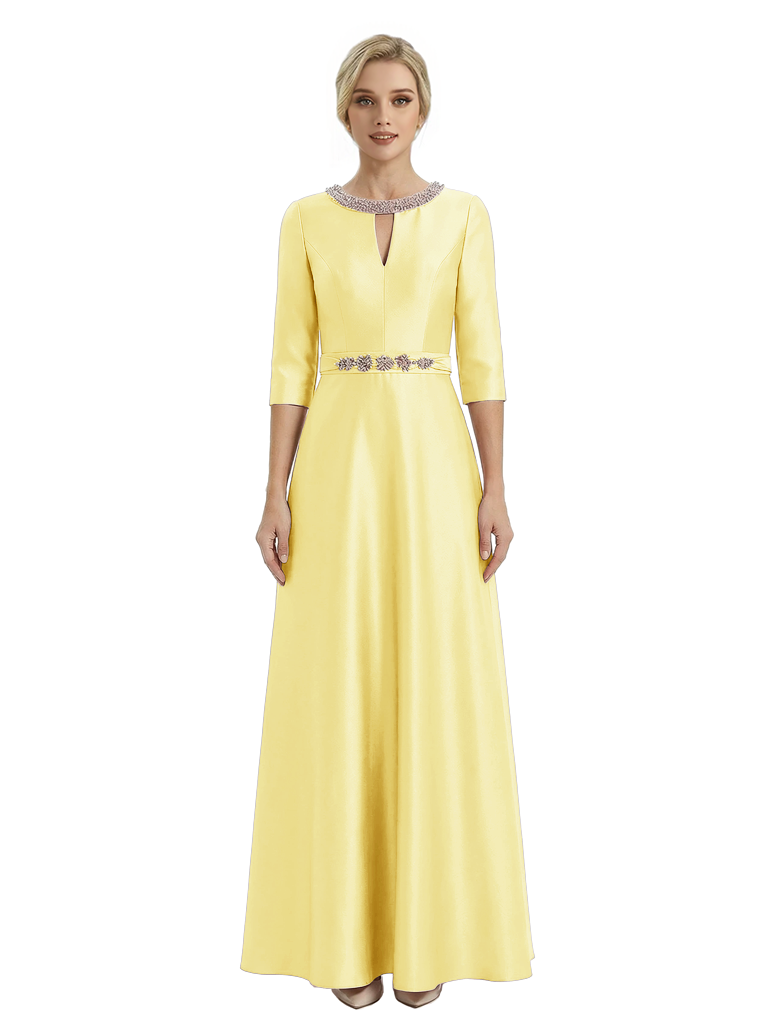Sophisticated 3/4 Sleeves Beaded A-Line Satin Mother Of The Bride Dress