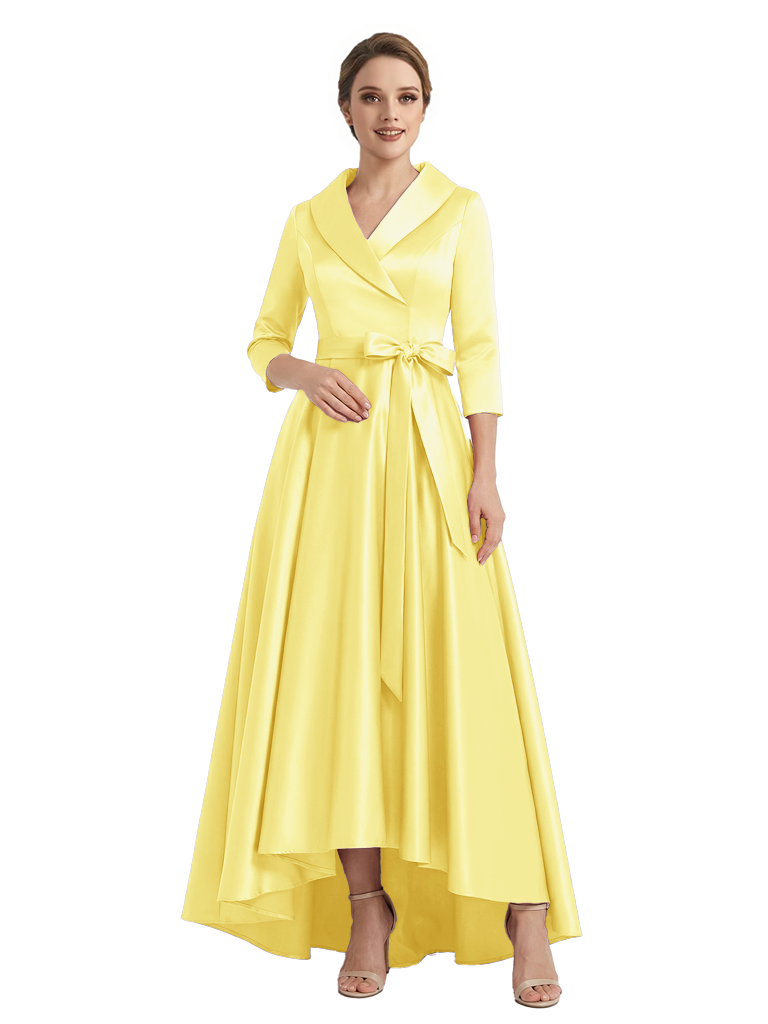 Modern High-Low 3/4 Sleeves Satin Mother Of The Bride Dress With Bow Knot