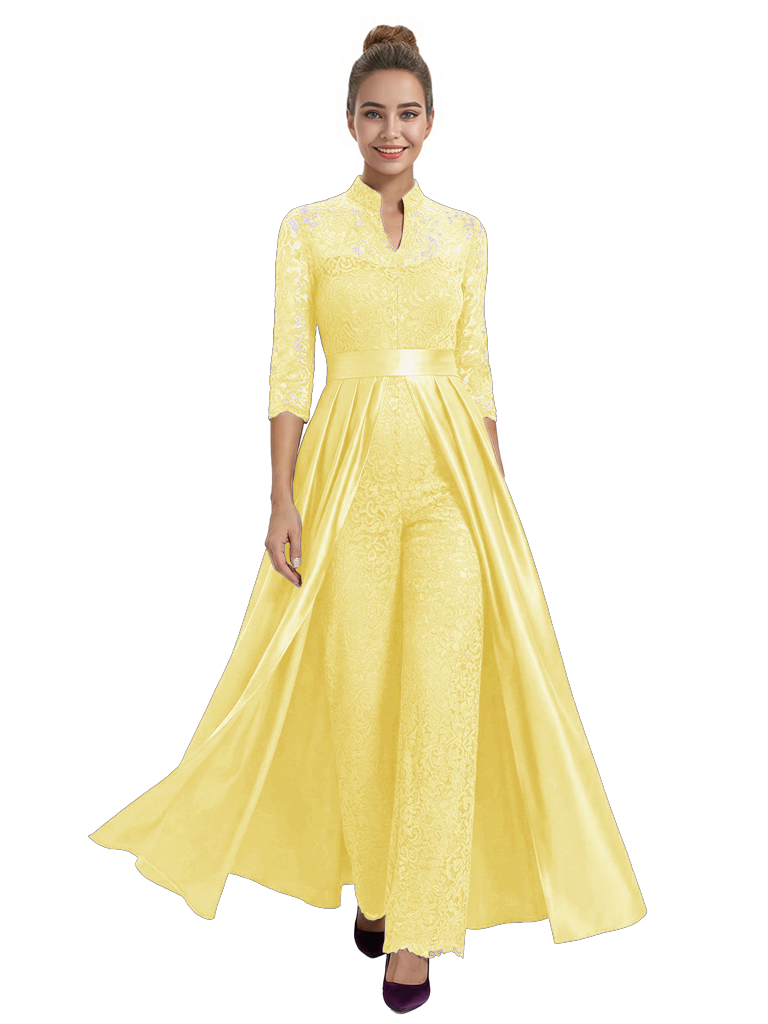 Mother of The Groom Outfit V-Neck 3/4 Sleeve Lace Pantsuit Satin Overskirt