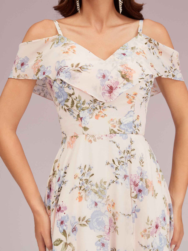 Cute Floral Chiffon Cold Shoulder Long Bridesmaid Dresses Online