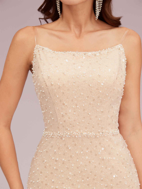 Champagne Spaghetti Straps Sequin Long Mermaid Prom Dresses With Slit  For Sale