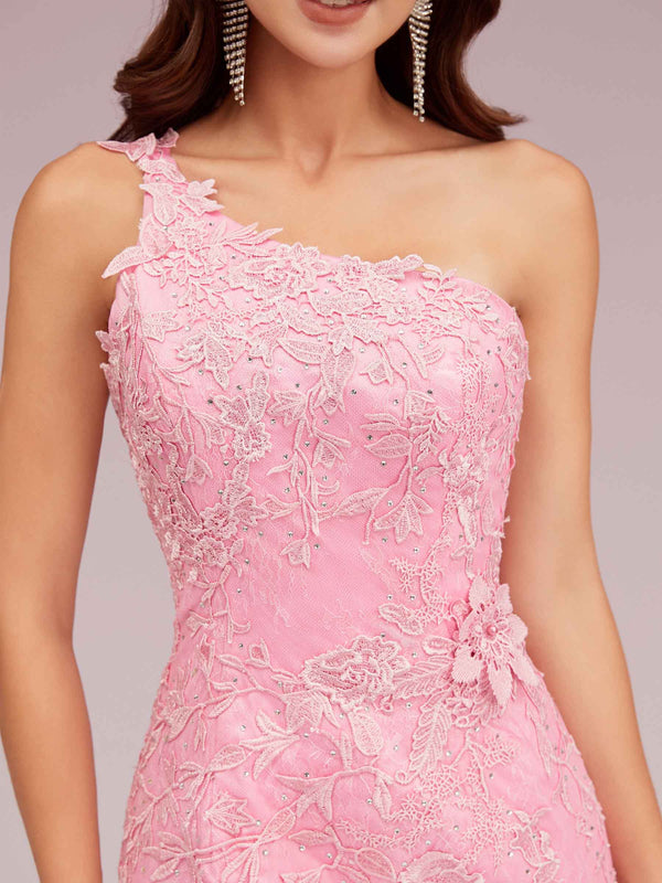 Pink One Shoulder Side Slit Lace Applique Long Mermaid Prom Dresses