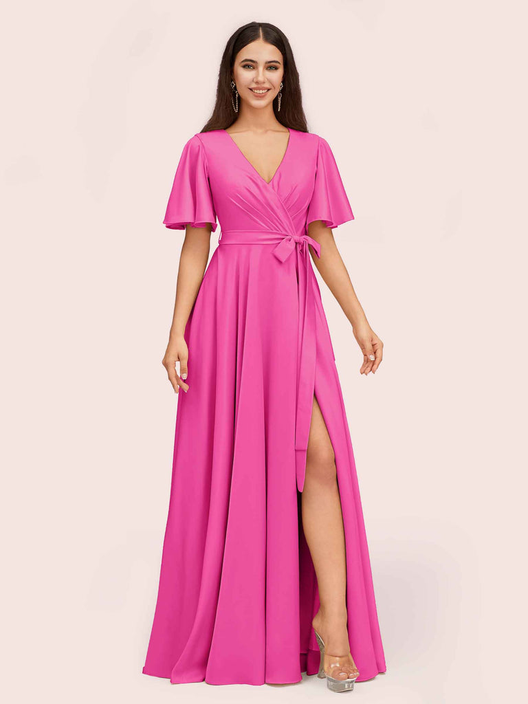 Elegant A-line V-neck Short Sleeves Long Bridesmaid Dresses With Slit Elegant A-line V-neck Short Sleeves Long Bridesmaid Dresses With Slit