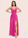 Modern Spaghetti Straps V-neck Side Slit Long Satin Bridesmaid Dresses With Slit