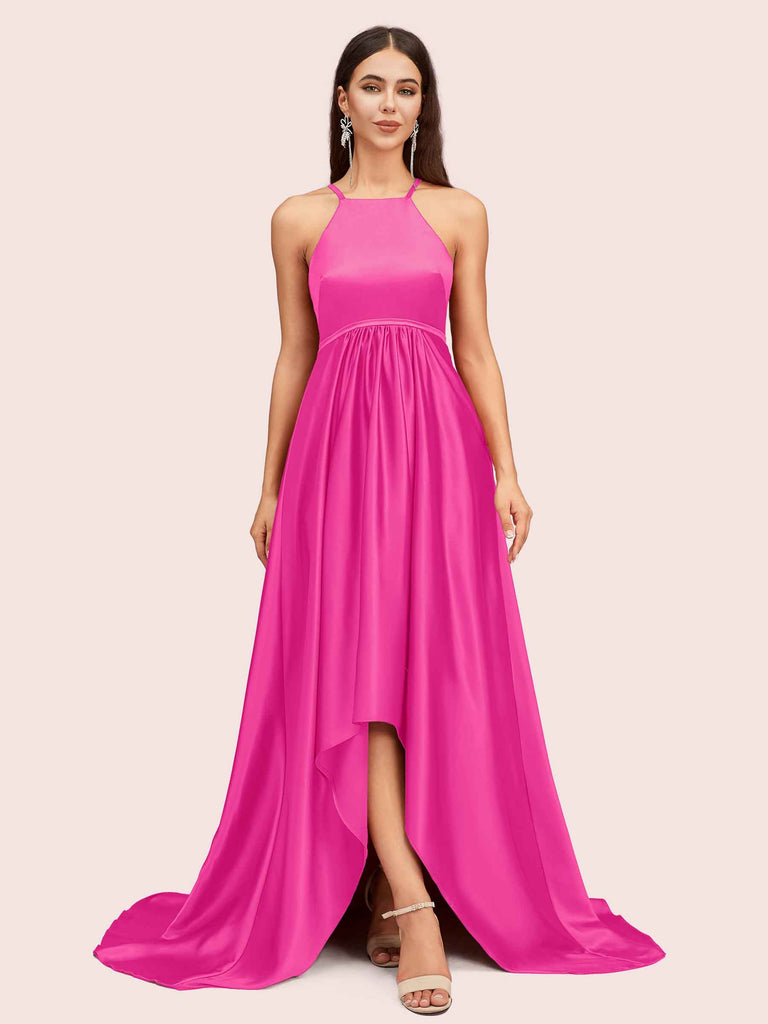 Sexy High Low Halter Satin Bridesmaid Dresses Online Sexy High Low Halter Satin Bridesmaid Dresses Online