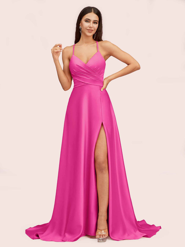Elegant A-line Spaghetti Straps Long Soft Satin Party Prom Dresses With Slit Elegant A-line Spaghetti Straps Long Soft Satin Party Prom Dresses With Slit