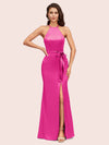 Sexy Mermaid Halter Long Silky Satin Party Prom Dresses With Slit