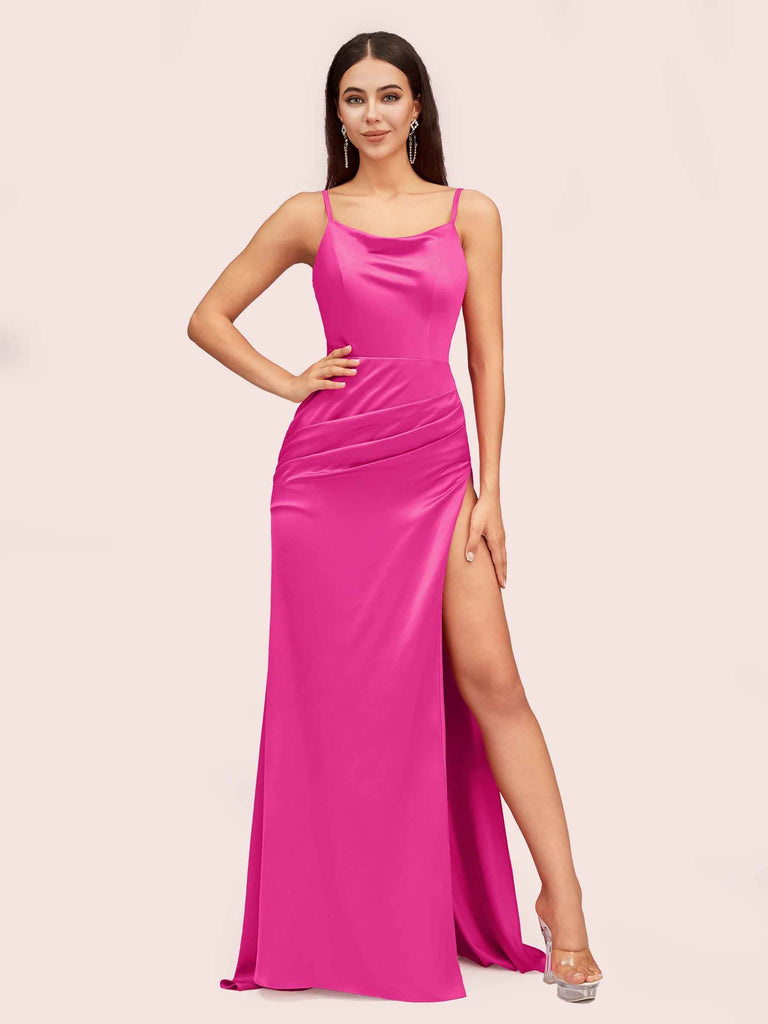 Sexy Spaghetti Straps Mermaid Long Soft Satin Graduation Prom Dresses With Slit Sexy Spaghetti Straps Mermaid Long Soft Satin Graduation Prom Dresses With Slit