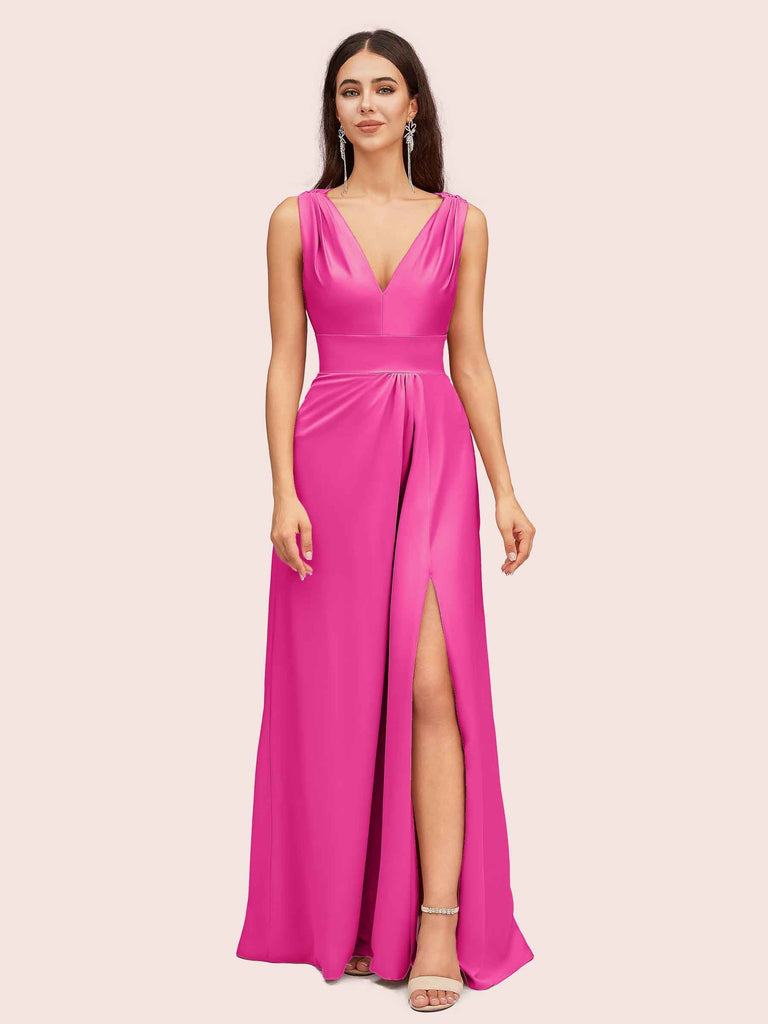 Sexy V-neck Long Side Slit Silk Satin Evening Prom Dresses Online