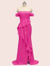 Sexy Off Shoulder Side Slit Long Soft Satin Bridesmaid Dresses With Ruffle