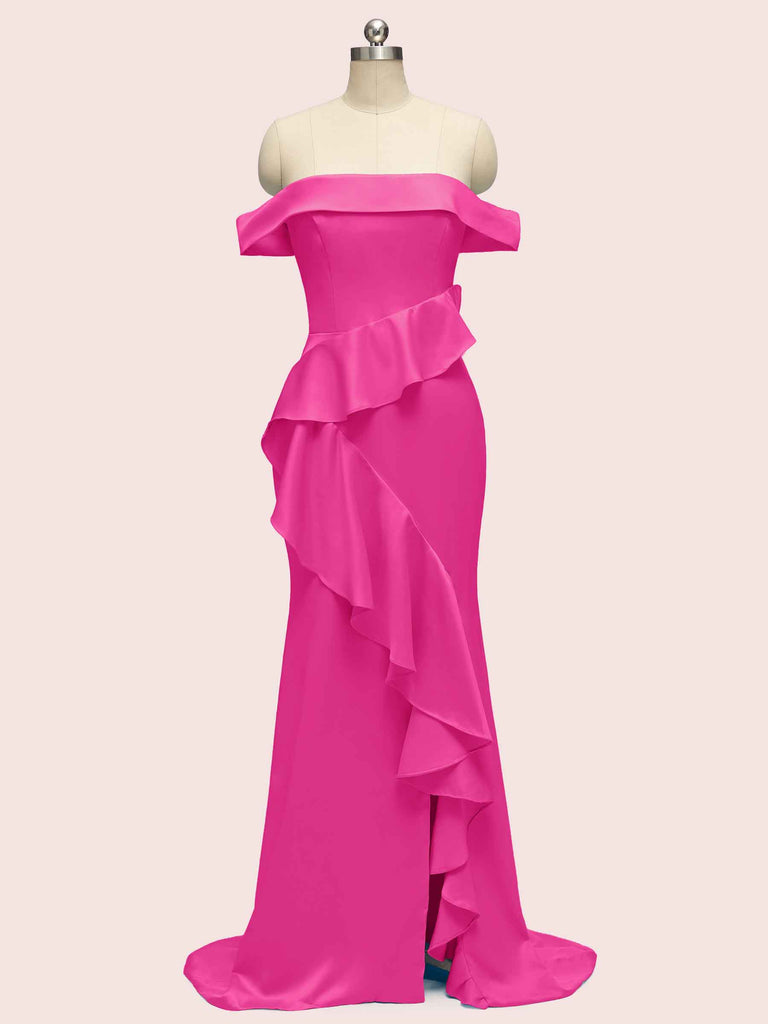 Sexy Off Shoulder Side Slit Long Soft Satin Bridesmaid Dresses With Ruffle Sexy Off Shoulder Side Slit Long Soft Satin Bridesmaid Dresses With Ruffle