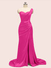 Sexy One Shoulder Long Soft Satin Mermaid Party Prom Dresses With Slit