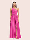 Sexy A-Line One Shoulder Long Side Slit Soft Satin Bridesmaid Dresses