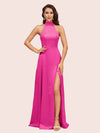 Elegant Halter Open Back Long Side Split Long Soft Satin Formal Prom Dresses