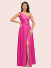 Elegant One Shoulder Side Slit Long Soft Satin Party Prom Dresses 2023