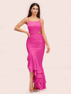Sexy Unique Mermaid Spaghetti Straps Asymmetrical Soft Satin Formal Prom Dresses