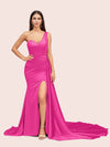 Sexy Mermaid One Shoulder Long Soft Satin Side Slit Bridesmaid Dresses For Sale