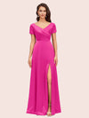 Elegant V-Neck Short Sleeves Long Soft Satin Party Prom Dresses With Slit