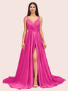 Elegant Spaghetti Straps V-neck Long Soft Satin Side Slit Bridesmaid Dresses For Sale
