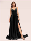Sexy Side Slit Spaghetti Straps V-neck Jersey Long Bridesmaid Dresses Online For Sale